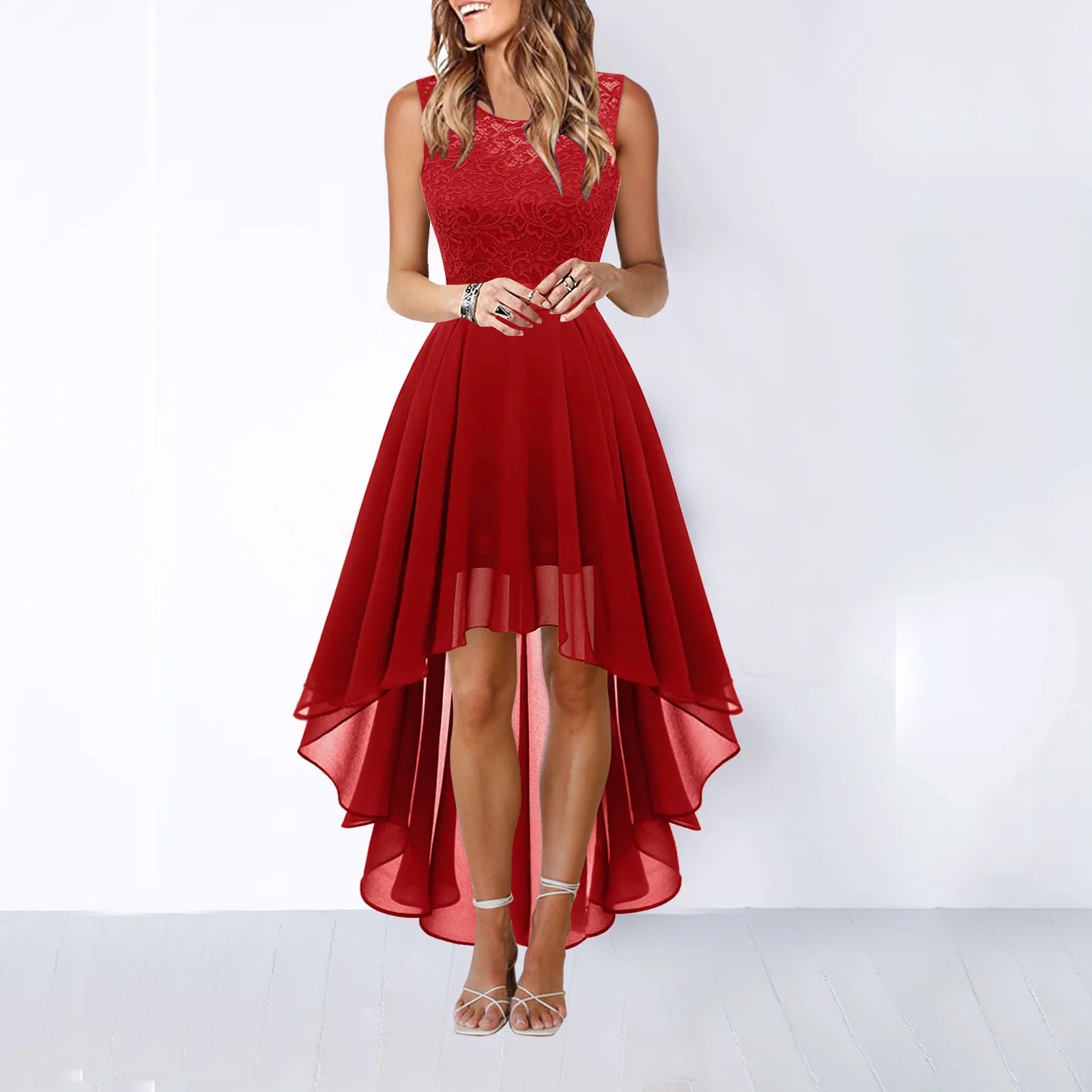 Hollow-outch Chiffon Dress Dinner Lace Dress Women's Elegant Temperament British Style High-waisted Sleeveless Round-neck Dress