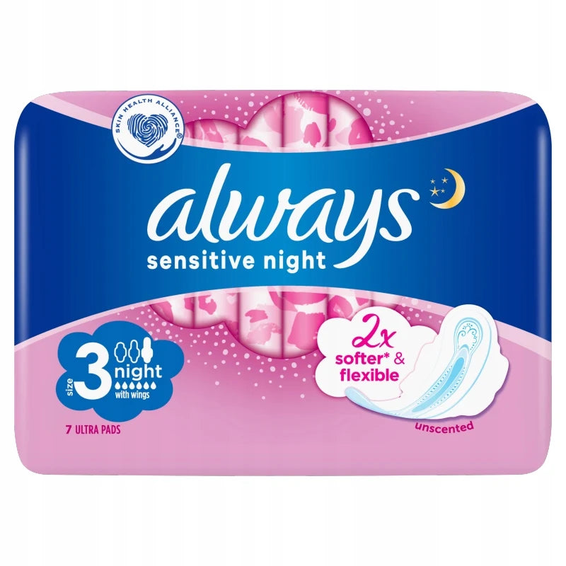 Always Sensitive Night Sanitary Pads With Wings 8 Pcs
