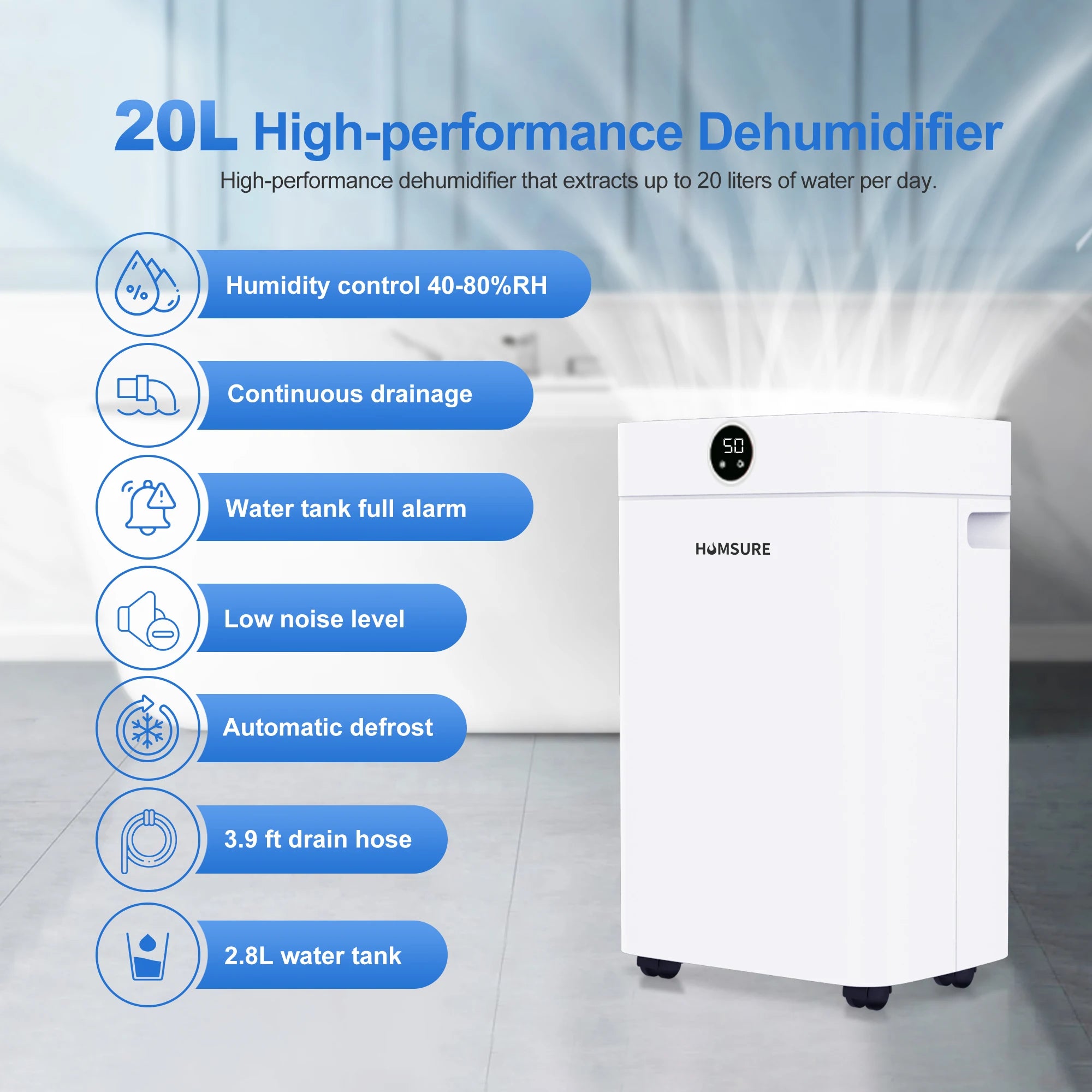 Dehumidifier 20 L, Dehumidifier Cellar Rooms with Digital Display, 24H Timer, Automatic Defrosting, Dry Clothes, Continuous Drai