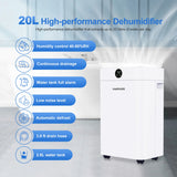 Dehumidifier 20 L, Dehumidifier Cellar Rooms with Digital Display, 24H Timer, Automatic Defrosting, Dry Clothes, Continuous Drai