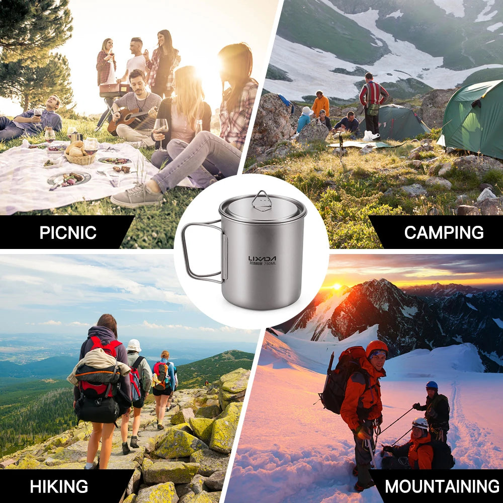 Taza de agua ultraligera de titanio Lixada con asa plegable, portátil para exteriores, camping, picnic, 300 ml/350 ml/550 ml/650 ml