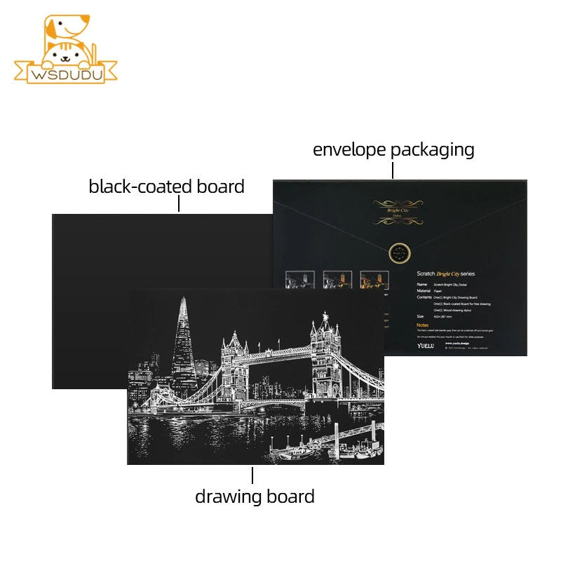 Scratch Art Paper Set 2 Sheets World Landmark Night Scene with Stylus DIY Crafts Stress Relief Creative Painting Adult Kids Gift