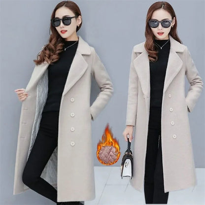 Female Woolen Coat Velvet 2023 Women's Double-Breasted Woolen Coat Spring and Autumn Woolen Coat Fashion Suit Collar ThickTrench
