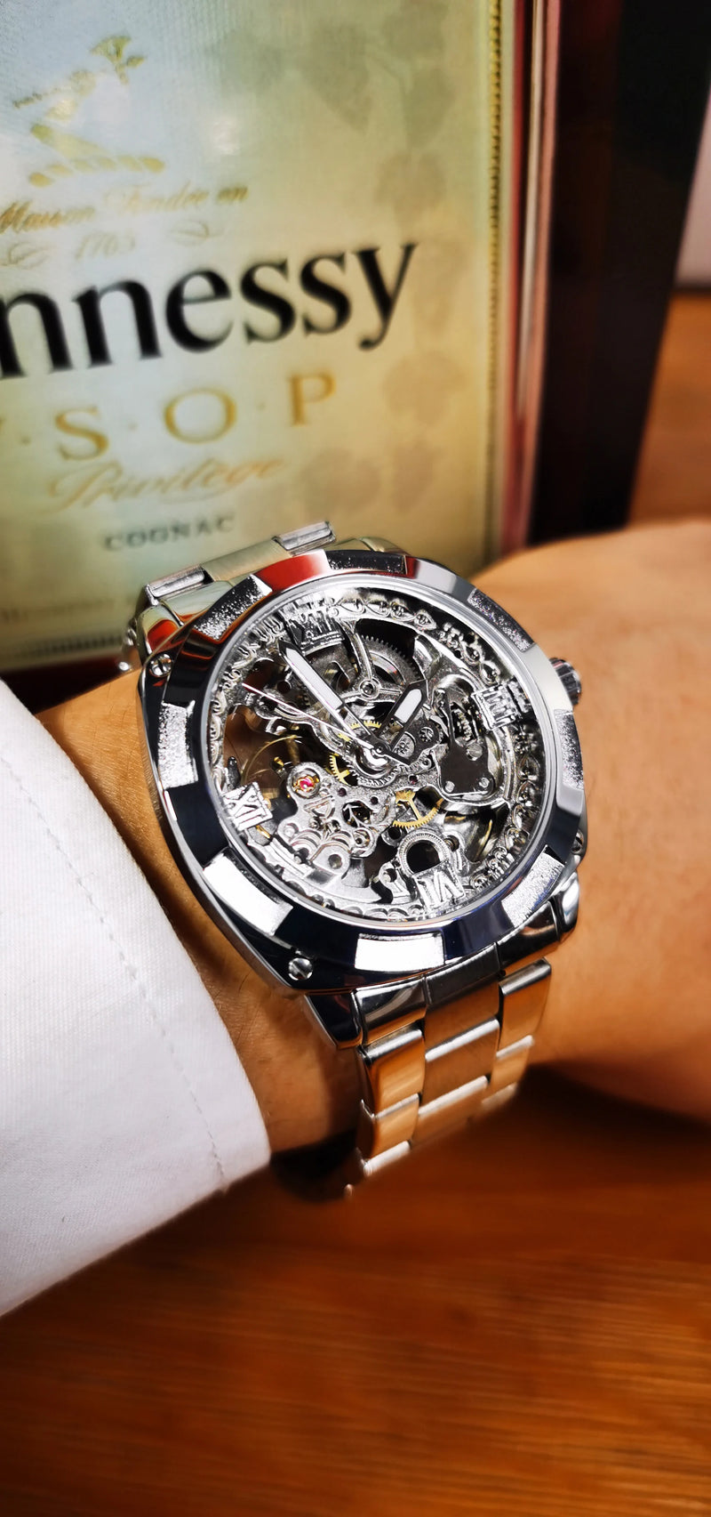 Forsining Square Skeleton Mechanical Watches Luxury Engraved Movement Retro Automatic Watch for Men Steel Strap Luminous Hands
