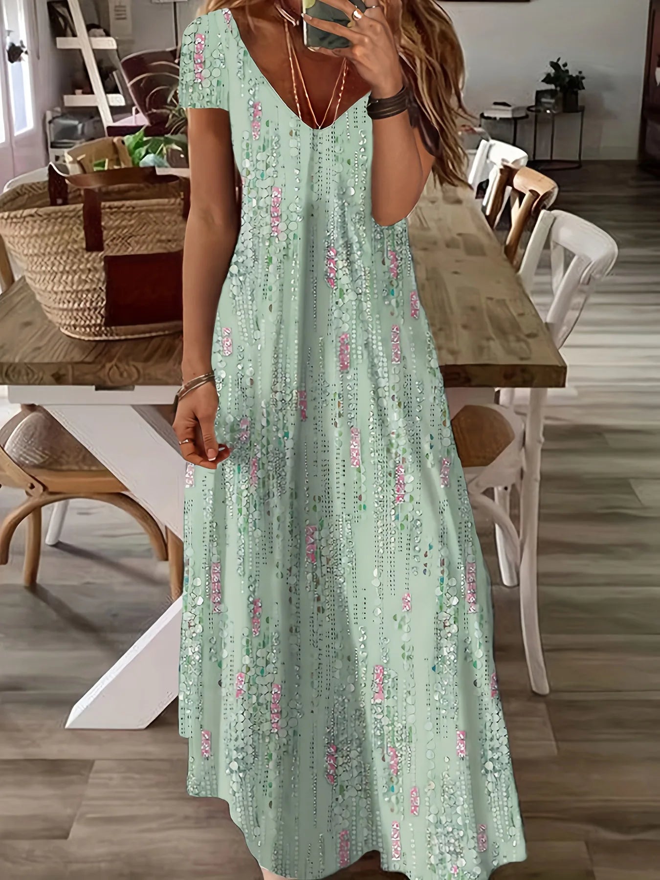 2024 aliexpress europa e américa plus size feminino cross border verão nova moda impressão vestido com decote em v