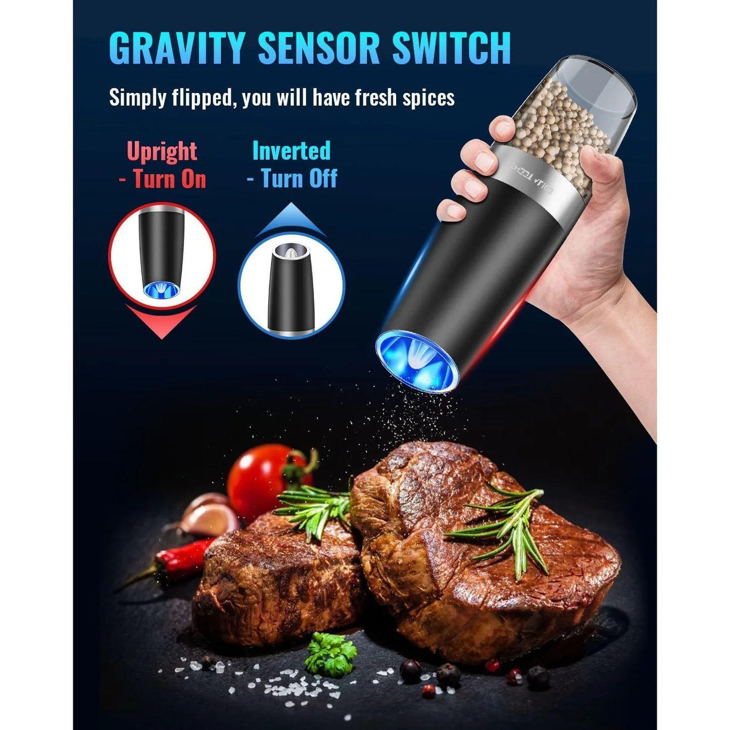 Electric Pepper and Salt Grinder Set Battery Operated with LED Lights One Hand Automatic Operation Stainless Steel Black