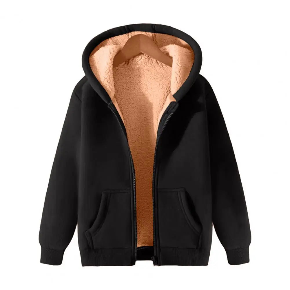 2024 Trendy Sweatshirt Coat Front Pockets Warm Zipper Lamb Wool Jacket Men Women Winter Pure Color Plush Lined Cardigan Hoodie