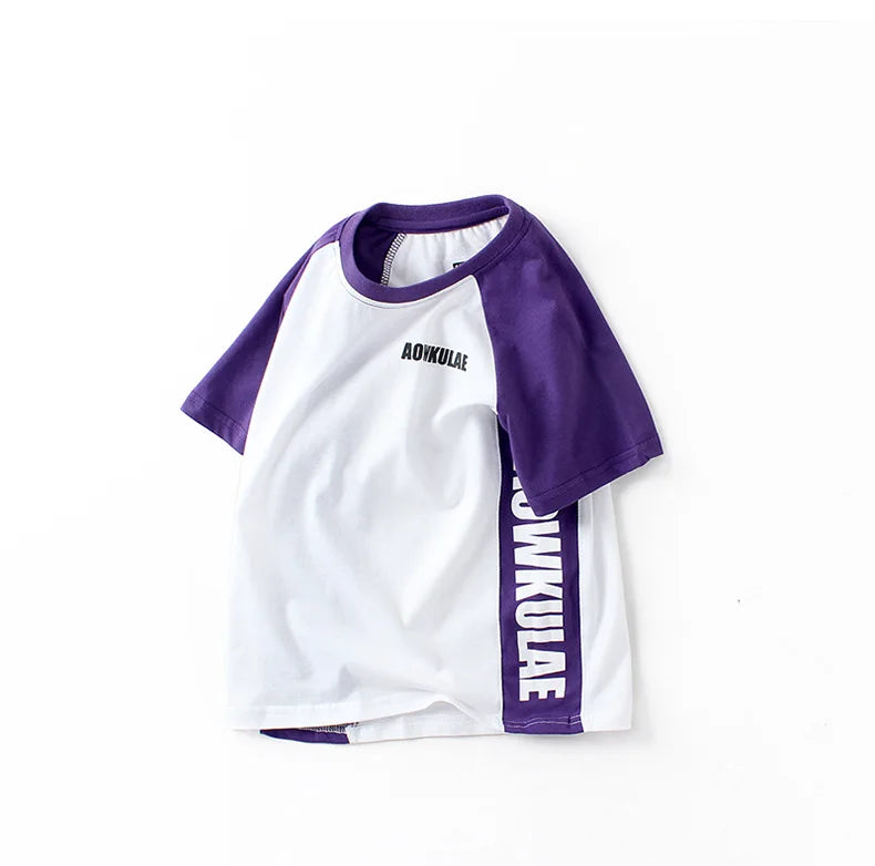 2022 Summer Korean Style Children T-Shirts Fashion Splicing Letter Design Kids Short Sleeve Tops Pure Cotton Children's Clothes