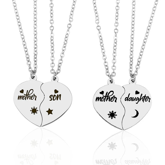 2pcs/set Mother Daughter Son Heart Puzzle Pendant Necklace Stainless Steel Sun Moon Necklaces for Mom Kids Gift
