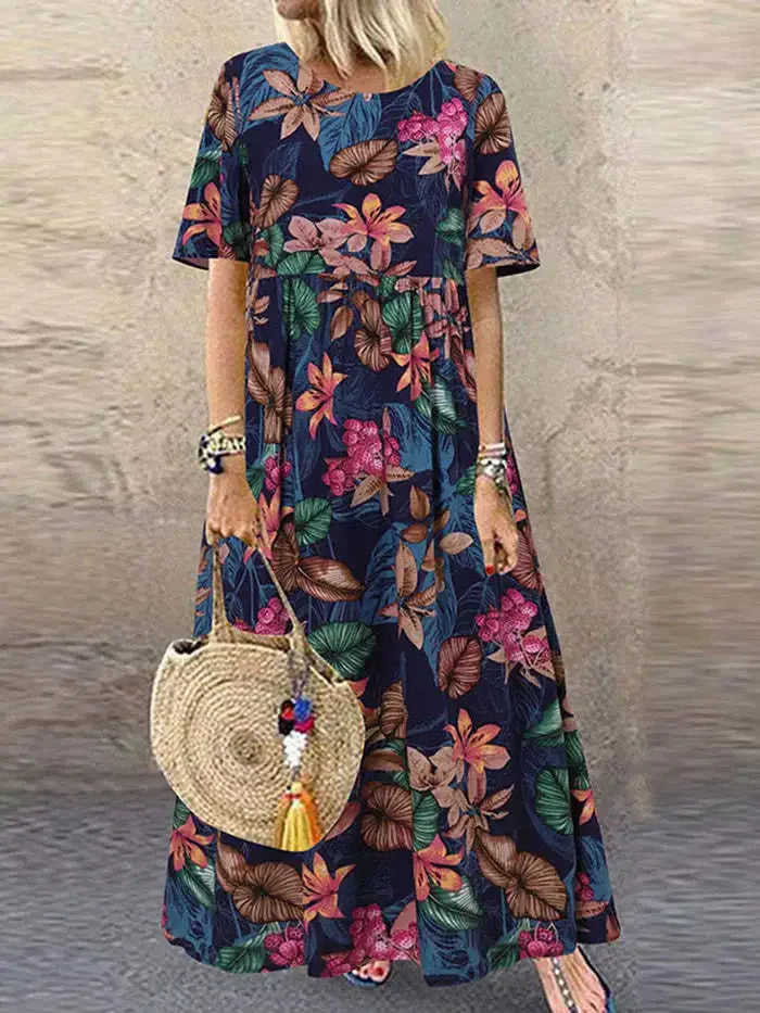 Vestido de festa elegante 2024 feminino elegante plus size saia solta em torno do pescoço manga curta retro impressão casual vestido longo feminino