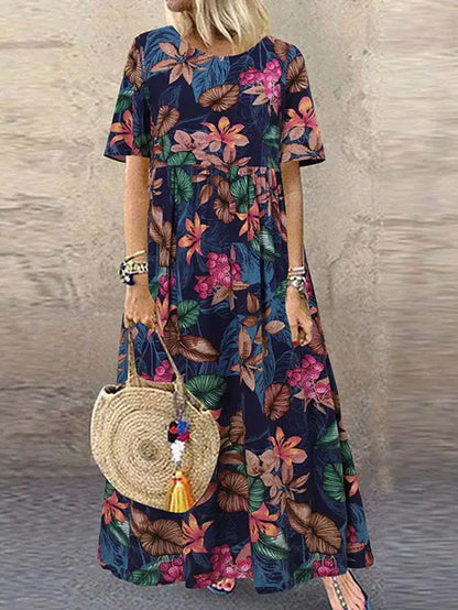 Vestido de festa elegante 2024 feminino elegante plus size saia solta em torno do pescoço manga curta retro impressão casual vestido longo feminino