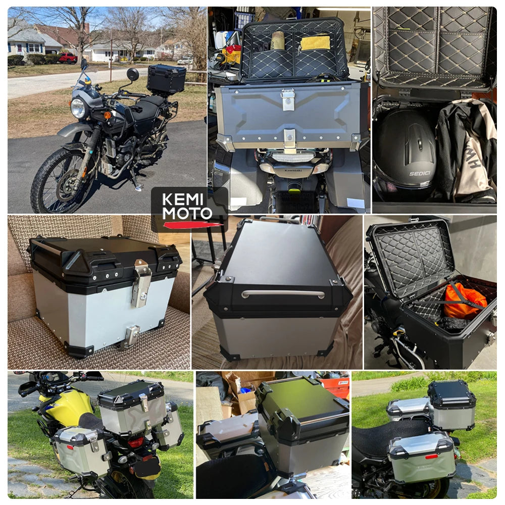 KEMIMOTO 45L/55L/65L Motorcycle Aluminum Case Tail Box Trunk with backrest Universal Top Tail Rear Luggage Tool Storage Box