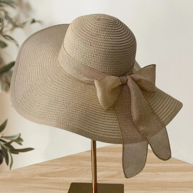 1Pc Women's Seaside Bow Beach Hat Oversize Straw Hat Women's Summer Sun Block Big Brim Hat Suitable For Sun Protection