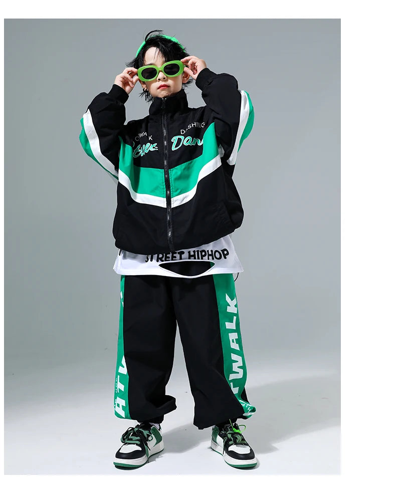 Hip Hop Girls Contrast Bomber Jacket Sport Pants Boys Street Dance Coat Streetwear Kids Jazz Clothes Set Children School Uniform