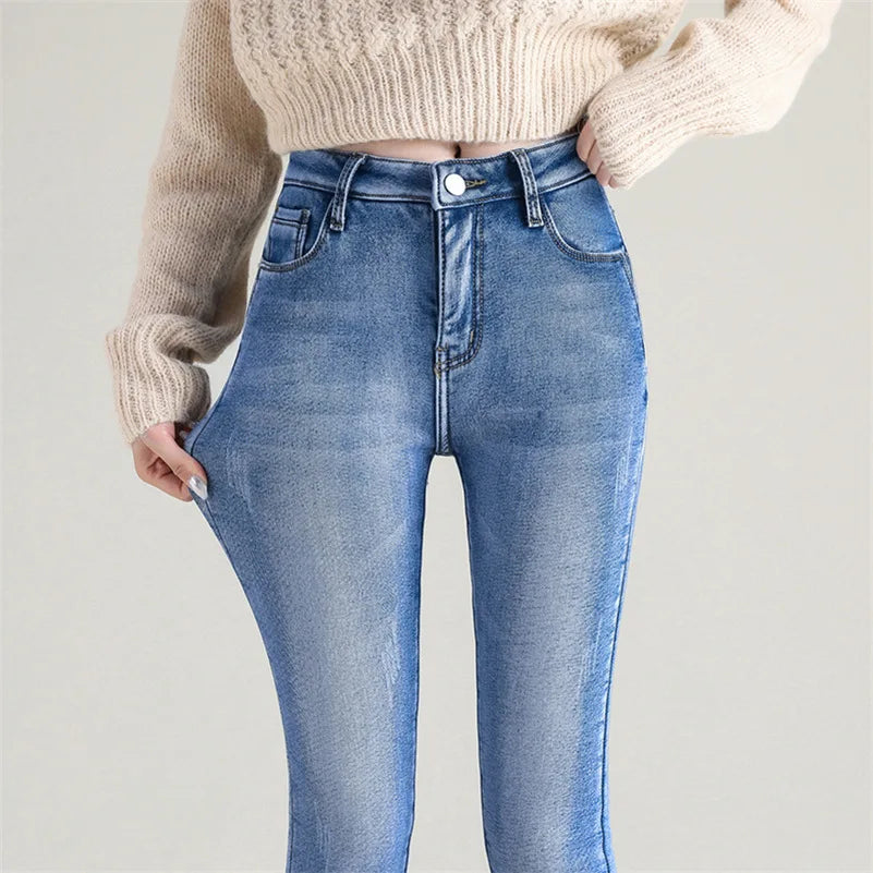 Women's Thermal Jeans Winter Snow Warm Plush Stretch Jeans Lady Skinny Thick Fleece Denim Long Pants Retro Blue Pencil Trousers