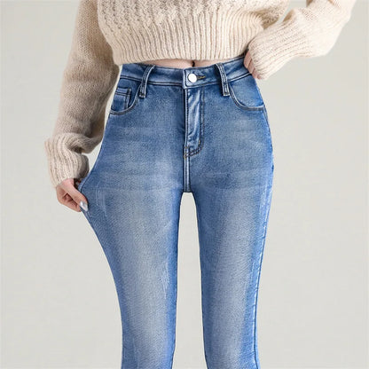 Women Thermal Jeans Winter Snow Warm Plush Stretch Jeans Lady Skinny Thicken Fleece Denim Long Pants Retro Blue Pencil Trousers