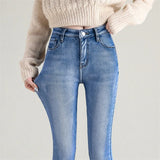 Women's Thermal Jeans Winter Snow Warm Plush Stretch Jeans Lady Skinny Thick Fleece Denim Long Pants Retro Blue Pencil Trousers