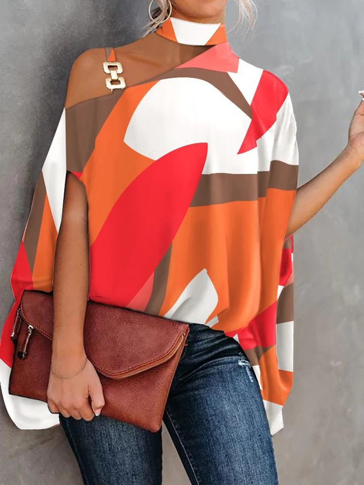 Mujer hebilla de Metal fuera del hombro corto Batswing estampado Floral geométrico blusa suelta Tops verano señora OL blusa camisas