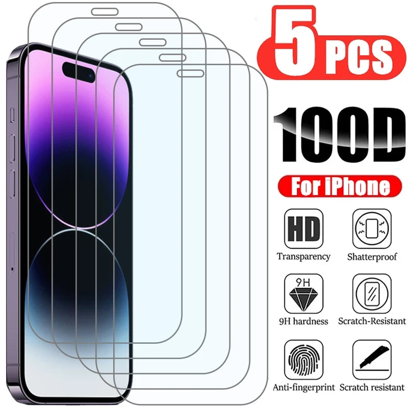 Vidro Temperado para iPhone, Protetor de Tela para iPhone 11, 12, 13 Pro, XR, X, XS Max, 14 Pro Max, Mini 7, 8, 6, 6S Plus, 5S, SE, 5 PCes