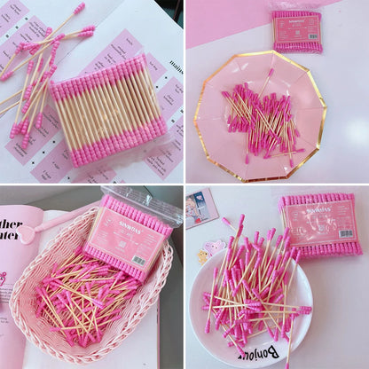 100PCS Disposable Cotton Swab Cute Pink Double Head Cotton Stick Makeup Remover Bat for Beauty Cosmetics Ear Cleaning Swabs