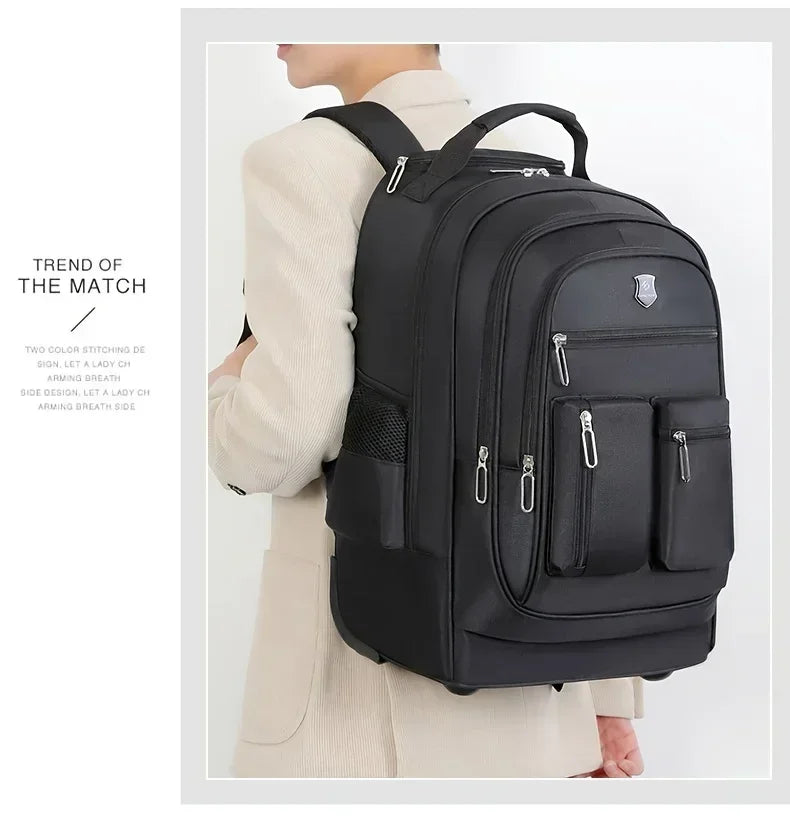Large Capacity Travel Backpack With Wheels, Multi Layer Trolley Luggage Bag, Multifunctional Weekender Overnight Bag Rucksack