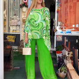 Women's Colorful Chiffon Two-Piece Set, Summer Print, Round Neck, Bat Sleeves, Irregular Top, Wide Leg Pants, Casual 2 Piece Set