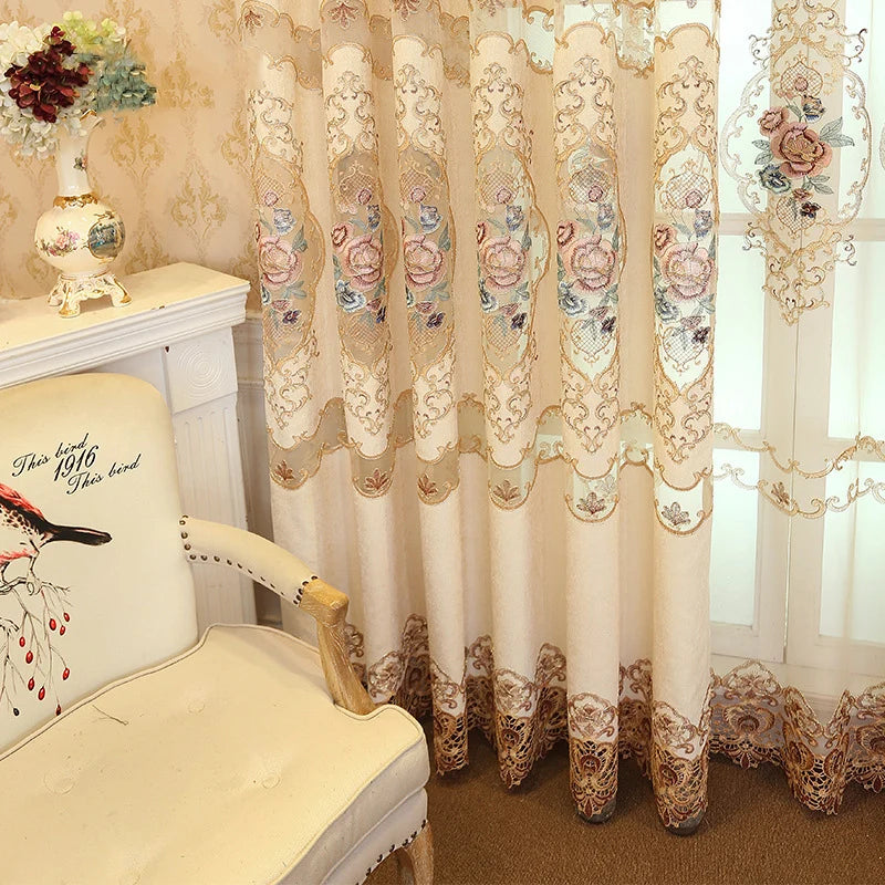 Luxurious Beige Peony Embroidery Curtains for Living Room Semi-Blackout Curtains for Bedroom Villa Hotel Decoration M258#40