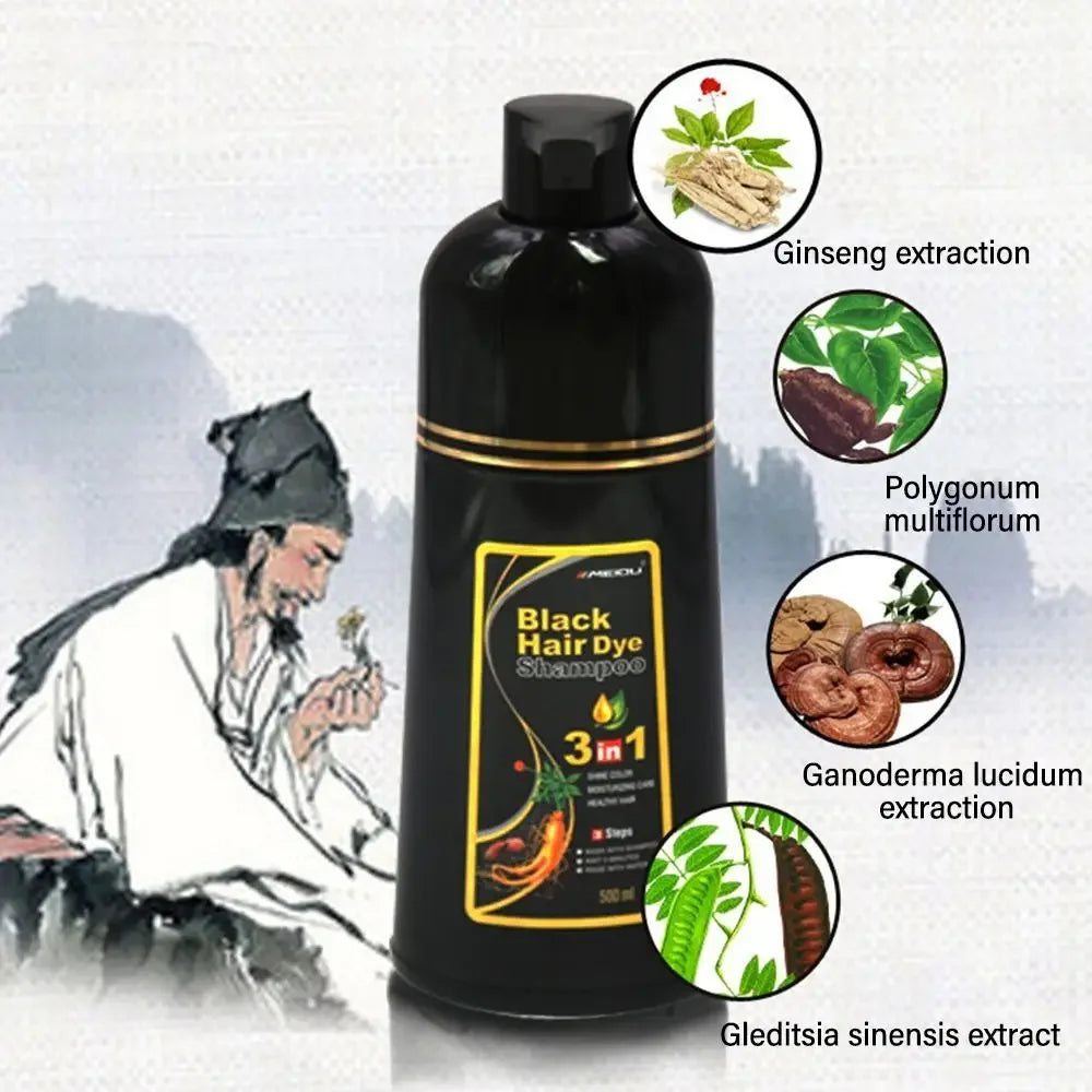 Shampoo de Coloração Instantânea Meidu 3 em 1 – Cor Preto Natural para Homens e Mulheres – Tinta de Cabelo à Base de Ervas (Opções: Castanho, Roxo)