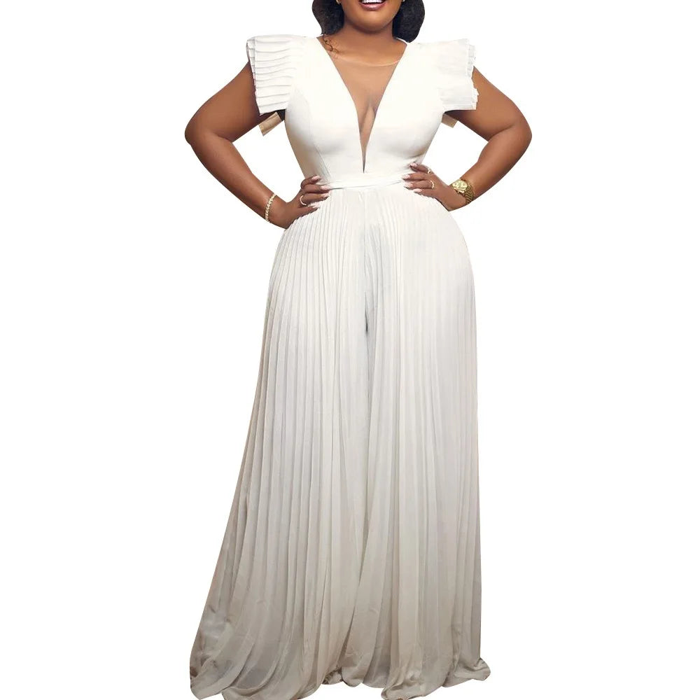 Elegant Pleated Jumpsuits & Rompers for Women V Neck Ruffles High Waisted Loose Floor Length Luxury Female Birthday Party Romper