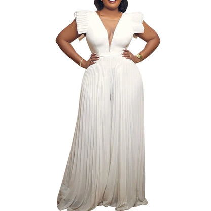 Elegant Pleated Jumpsuits & Rompers for Women V Neck Ruffles High Waisted Loose Floor Length Luxury Female Birthday Party Romper