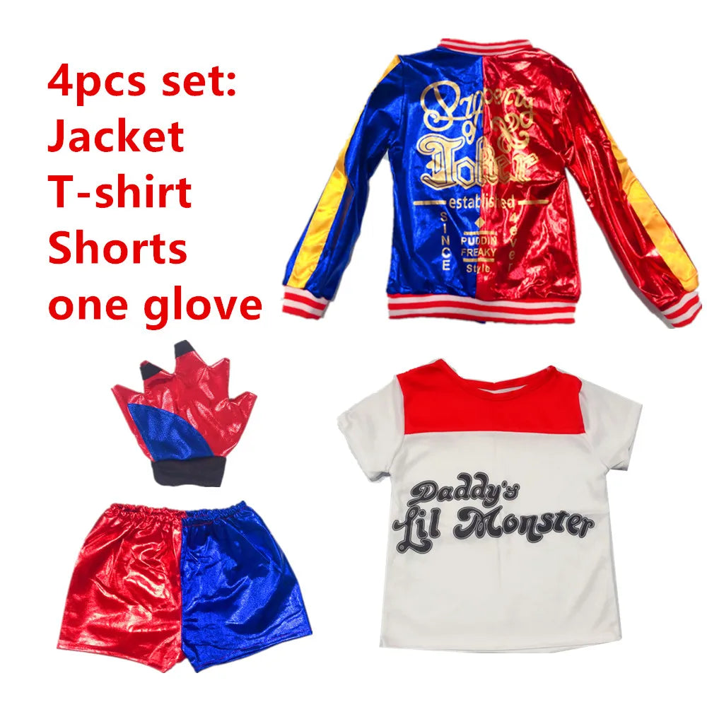 Harley Quinn Cosplay Suicide Squad Harleen Quinzel Kids Girls T-Shirt Joker Jacket Halloween Costume