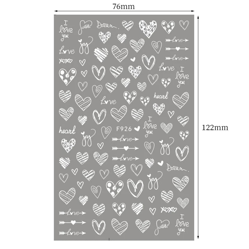 1Sheet 3D Red Heart Laser Nail Sticker Black Letter Star Line Self-Adhesive Slider Valentine's Day Series Nail Decals Decoration