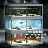 1/64 Simulated Alloy Car Model Showroom for Boy Miniature Acrylic Parking Lot Car Display Stand with Lights Kids Collection Toys