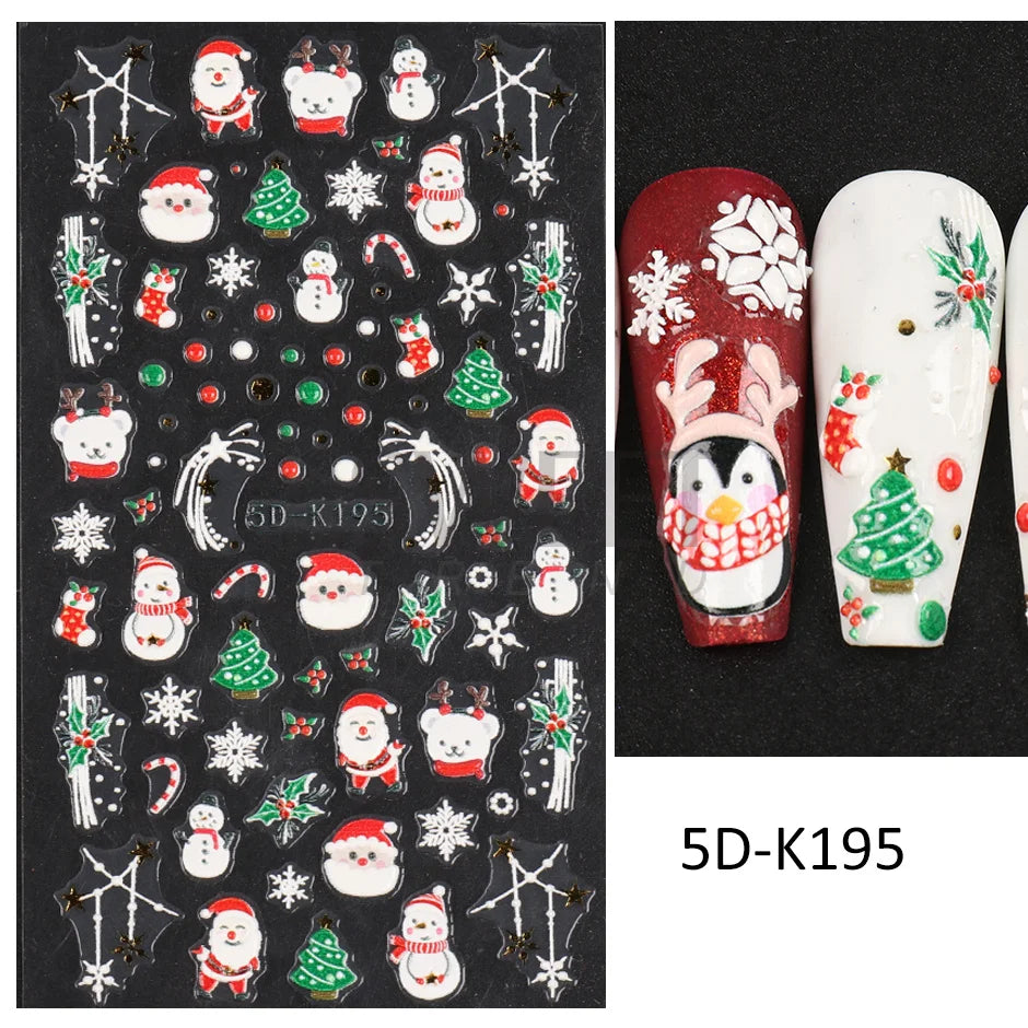5D Red Christmas Nail Stickers Glitter Embossed Snowflake Gloves Feather Bulb Bells Winter Xmas DIY Engraved Manicure Decoration