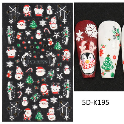 5D Red Christmas Nail Stickers Glitter Embossed Snowflake Gloves Feather Bulb Bells Winter Xmas DIY Engraved Manicure Decoration