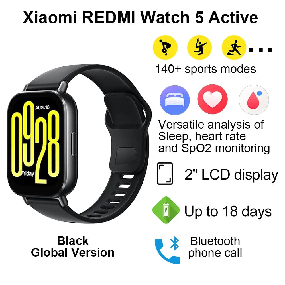 NEW Xiaomi Redmi Watch 5 Active Smart Watch, 2" LCD Display All Day Heart Rate Blood Oxygen Monitoring Bluetooth Call Smartwatch