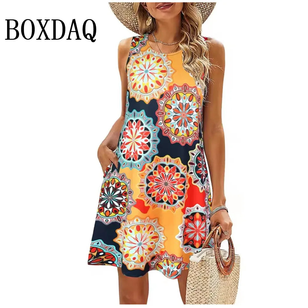 Summer Dresses For Women Casual Beach Sleeveless Floral Print Tank Loose Sundress With Pockets Women's Plus Size Dress 8XL 9XL