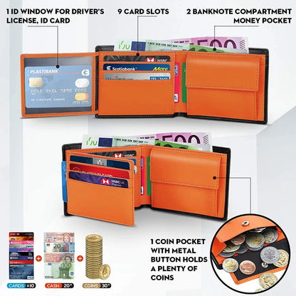 Wallets Mens Slim RFID Blocking Genuine Leather with Coin Pocket  2 Banknote Compartments 10 Credit Card Holders Wallet for Men