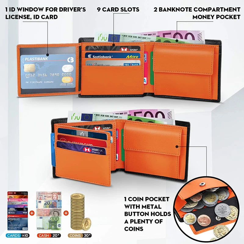 Wallets Mens Slim RFID Blocking Genuine Leather with Coin Pocket  2 Banknote Compartments 10 Credit Card Holders Wallet for Men
