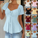 2026 Women Y2k Summer Tops V-Neck Drawstring Sexy Lace Up Short Sleeve Solid Color Shirts Female Elegant Casual Fashion Blouses