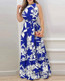 Women's Summer New Sexy Sleeveless Halter Dress With Lace-Up Waist Fashionable Printed Lotus Leaf Hem Floor Length Skirt