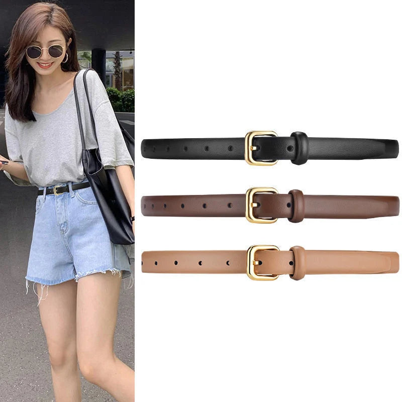 2.3cm Classic Women Leather Belt with Golden Square Buckle Thin Casual Dress Waist Band for Students Ladies Fashion Accessory