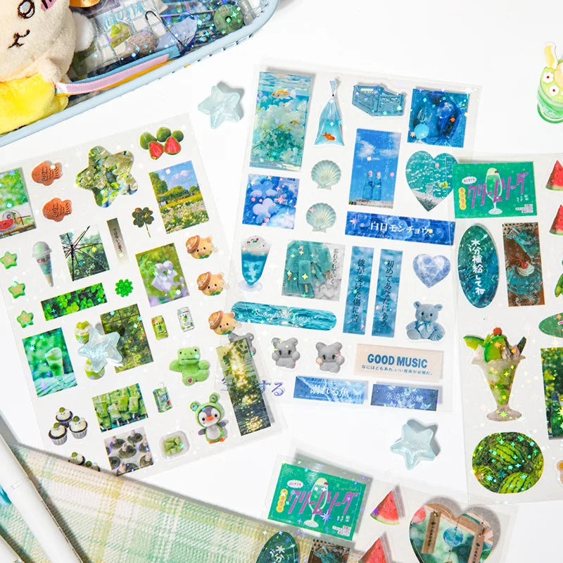 6pcs Glitter Stickers Y2K DIY Toploader Scrapbooking Journal Decor Stickers for Phone Kawaii Transparent PET Stickers Gift