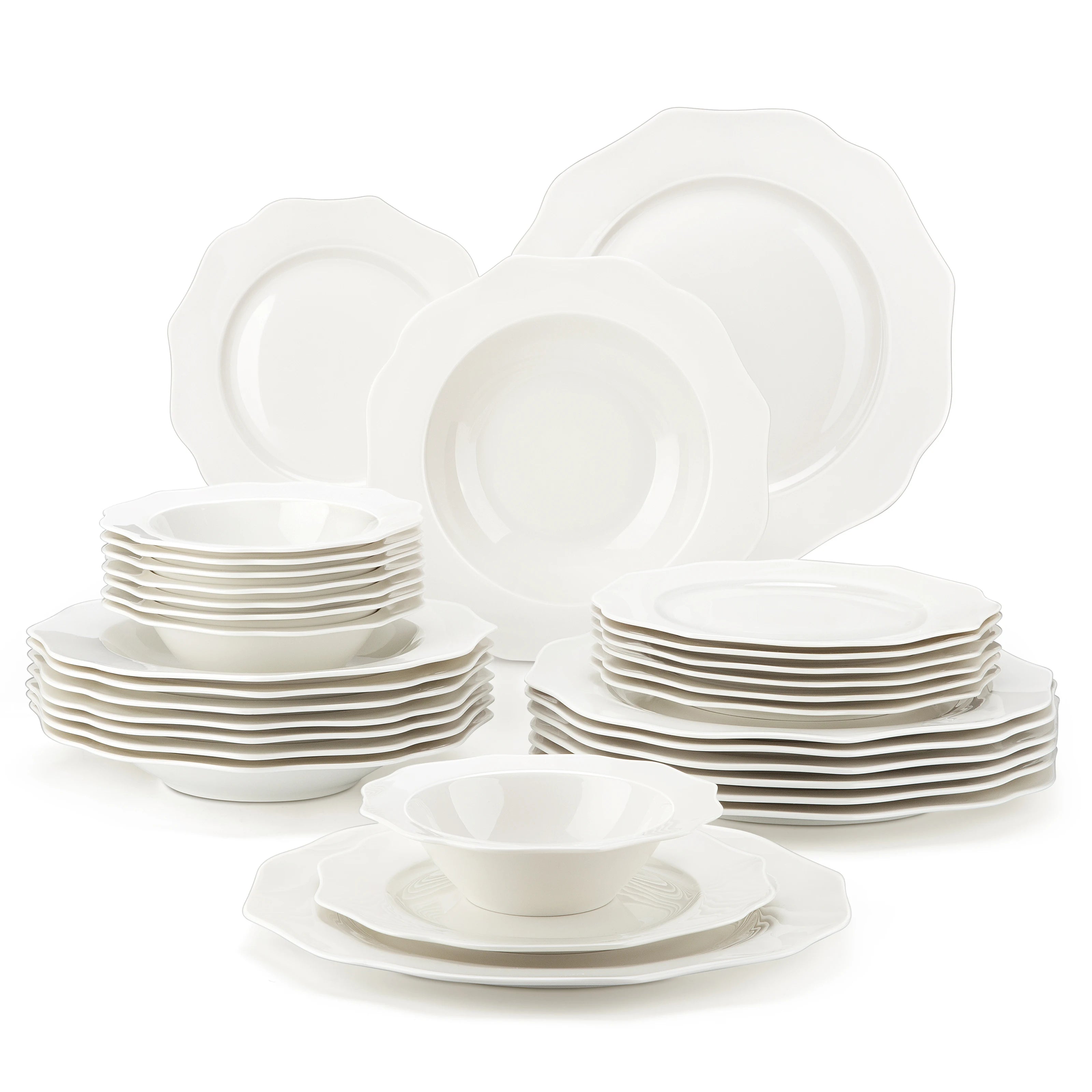 MALACASA LOTUS 16/32-Piece Nordic European White Porcelain Tableware Set with Bowl, Dinner, Dessert & Soup Plate Set for 4/8