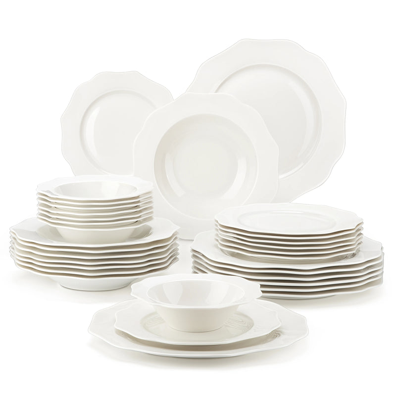 MALACASA LOTUS 16/32-PIECE Nordic European White Porcelain Tableware Set with Bowl,Dinner&Dessert&Soup Plate Set for 4/8