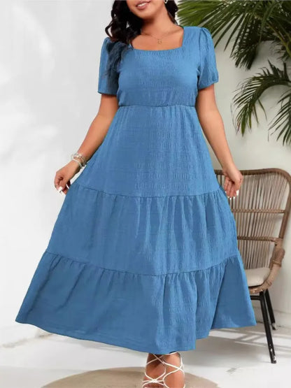 Plus size verão vestido longo feminino gola quadrada moda magro cintura alta senhoras vestidos plissado solto vestido de mulher