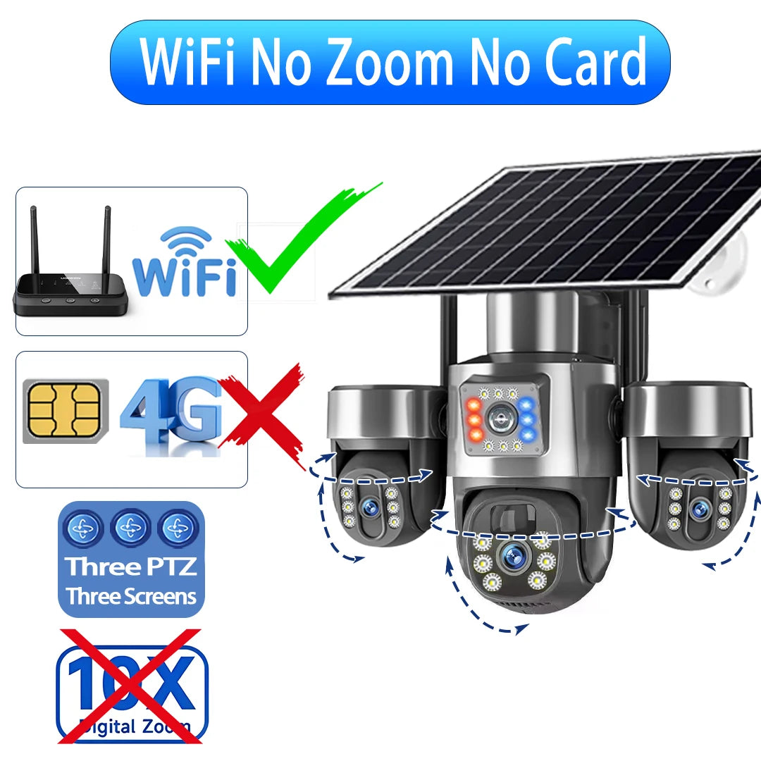 20MP 4G Sim Solar Camera WiFi 10X Optical Zoom 3-PTZ 4-Lens 3-Screens Outdoor Wireless Security Cameras Auto Tracking CCTV V380