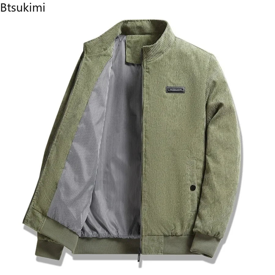 2024 Men's Casual Warm Jacket Spring Autumn Solid Color Stand Bomber Coat Men Corduroy Outwear Fashion Zipper Slim Jacket Men