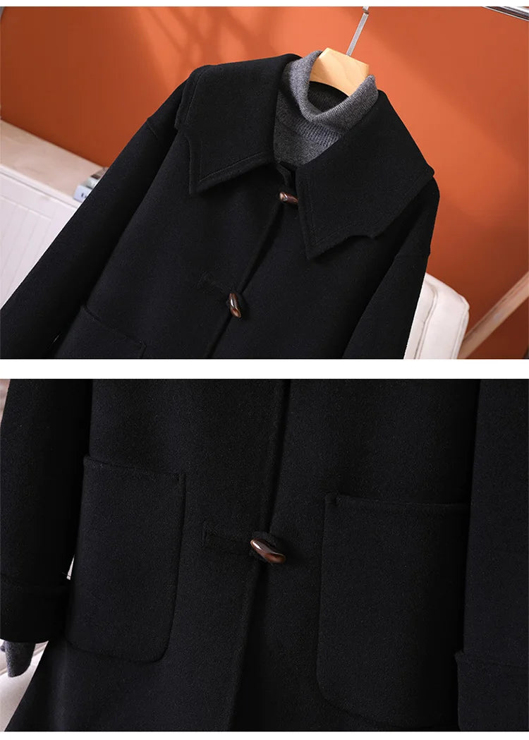 2025 Fashion Large Lapel Horn Button Women's Coat Autumn and Winter New Double-Sided Woolen 100%Pure Wool Warm Coat Large Pocket