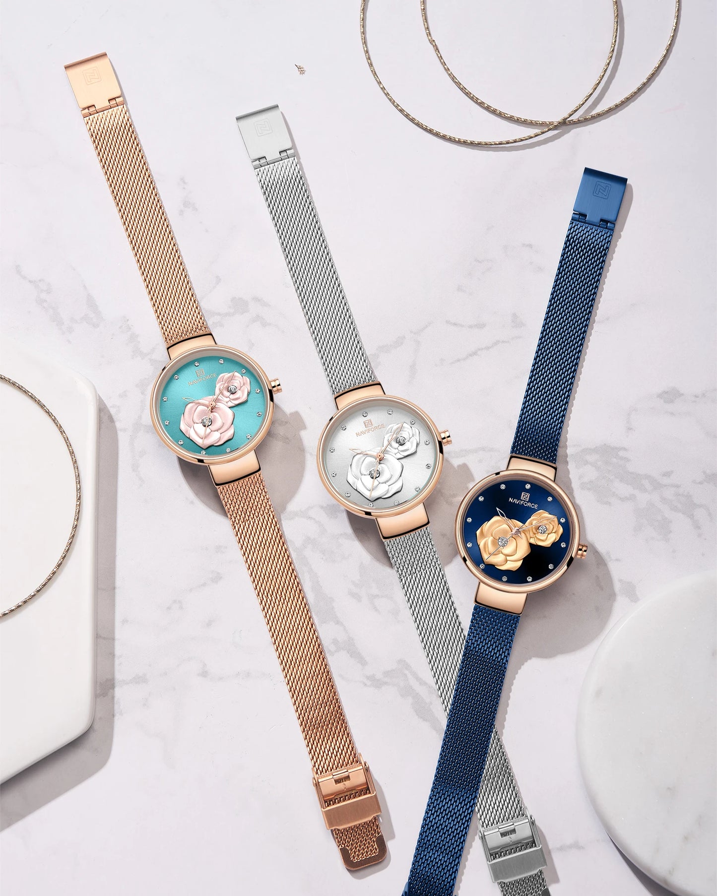 Reloj para mujer NAVIFORCE, marca de lujo superior, malla de acero, resistente al agua, relojes para mujer, reloj de pulsera femenino de cuarzo con flores, reloj encantador para chica.